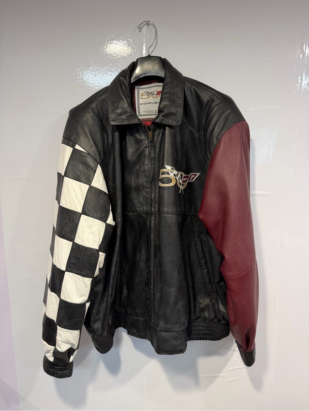 50th Anniversary Corvette Men's Leather Racing Jacket - Black, White & Burgundy